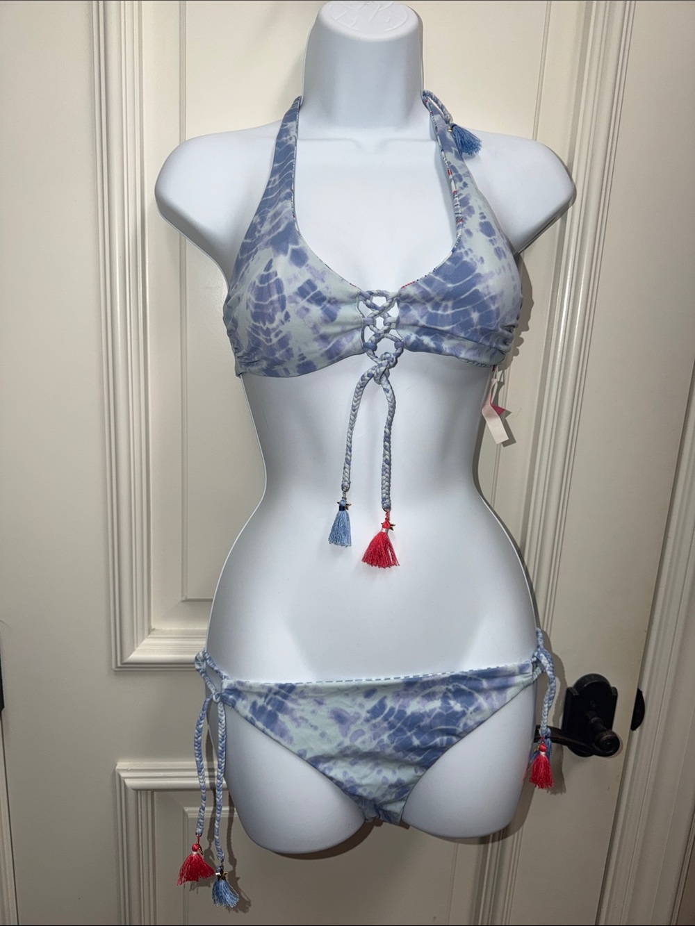 Victorias secret tie dye batik reversible blue bikini tassel string braided set